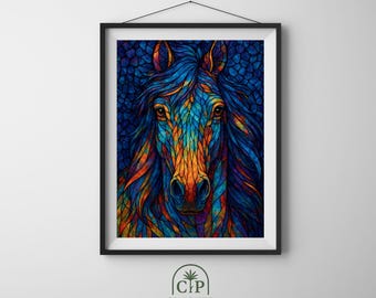 ジョー・ハウトマン ヴィンテージ ステンドグラス 野生の走る馬 絵画 美術館 38948-147-