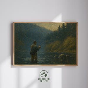 Fly Fisherman Printable Wall Art, River Landscape Oil Painting, Trout Fishing Digital Print, Cabin Decor, Fishing Gift, Backcountry Wall Art