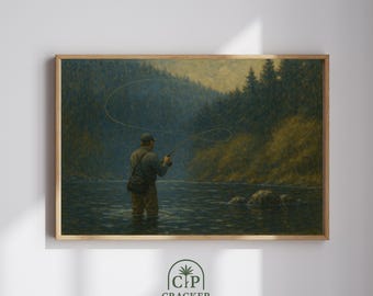 Fly Fisherman Oil Painting Print, River Landscape Wall Art (Digital Download)