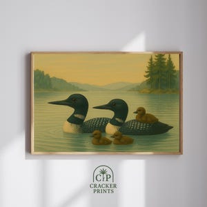 Vintage Loon Family Wall Art, Tranquil Lake Scene Digital Print, Loon Oil Painting, Rustic Print, Cabin Decor, Nursery Wall Art Printable