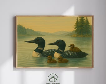 Vintage Loon Family Print, Tranquil Lake Scene, Cabin Nursery Decor (Digital Download)