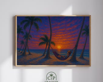 Lámina artística de atardecer en la playa, mujer en hamaca, decoración de pared tropical (descarga digital)