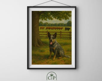 Blue Heeler Portrait Wall Art, Herding Dog Oil Painting, Australian Cattle Dog Digital Print