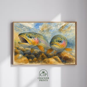 Art mural sous-marin de truite arc-en-ciel, impression numérique de truite aquarelle, impression de ruisseau de truite, décoration de cabane, oeuvre d'art nature et faune