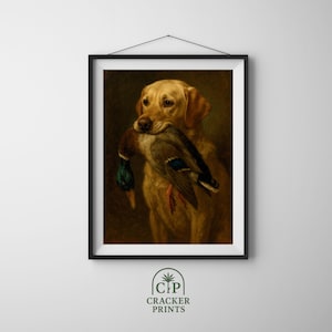 Yellow Lab Portrait Wall Art, Vintage Dog with Mallard Oil Painting, Duck Hunting Digital Print, Rustic Print, Cabin Decor