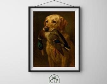 Ritratto di cane labrador giallo a caccia di anatre, dipinto a olio vintage (stampa digitale)