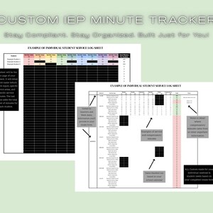 Può includere: Un tracker di minuti IEP personalizzato con il testo "Stay Compliant. Stay Organized. Built Just for You!". Vengono mostrati due esempi di fogli di registro dei servizi agli studenti individuali.