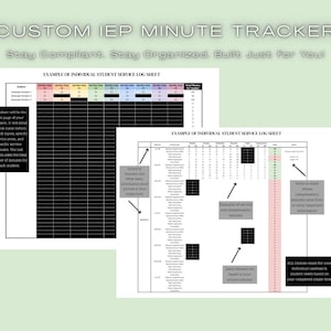 Op de afbeelding: Een aangepaste IEP-minutentracker met de tekst "Stay Compliant. Stay Organized. Built Just for You!". Er worden twee voorbeelden getoond van individuele studentenservicelogbladen.