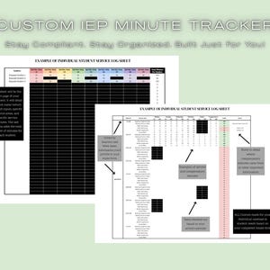 Może przedstawiać: Niestandardowy tracker minut IEP z tekstem "Stay Compliant. Stay Organized. Built Just for You!". Pokazano dwa przykłady indywidualnych arkuszy logowania usług dla uczniów.