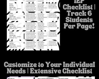 May include: Black and white IEP checklist with the text "IEP Checklist | Track 6 Students Per Page!" and "Customize to Your Individual Needs | Extensive Checklist." The planner includes sections for student information, due dates, and paperwork types.