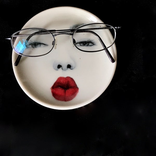 Porcelain Face Plate - Fine China Platter or Ring Dish with Hand Painted Surreal Faces
