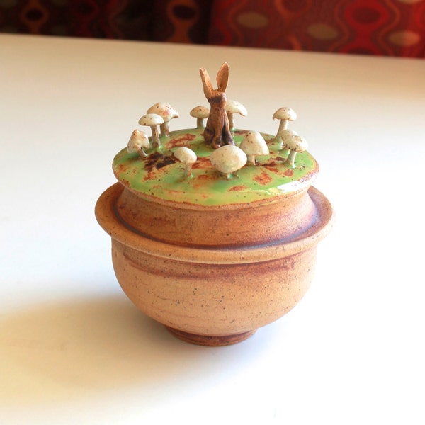 Rustic Woodland lidded jar, rabbit and fairy ring, mushroom lidded jar, fairy ring pottery, Mushroom Pottery