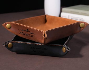 Plateau en cuir personnalisé, cadeau pour elle ou lui, organisateur de coiffeuse gravé avec nom, cadeau pour maman ou papa
