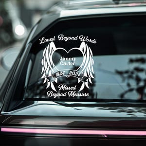 Custom Memorial Car Decal | Car Window Sticker | Angel Wings Heart Design | Personalized Name and Dates | Multiple Colors Available
