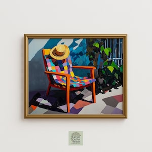 May include: A framed painting depicts a vibrant outdoor scene. An orange wooden chair with a colorful patchwork seat and back is in the center, topped with a straw hat. The background features lush greenery, a blue wall, and a tiled floor.