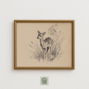 May include: A framed pen and ink drawing of a deer standing in tall grass. The artwork is in a gold frame and features a fawn with detailed shading. The background is a neutral tan color, and the overall style is vintage.