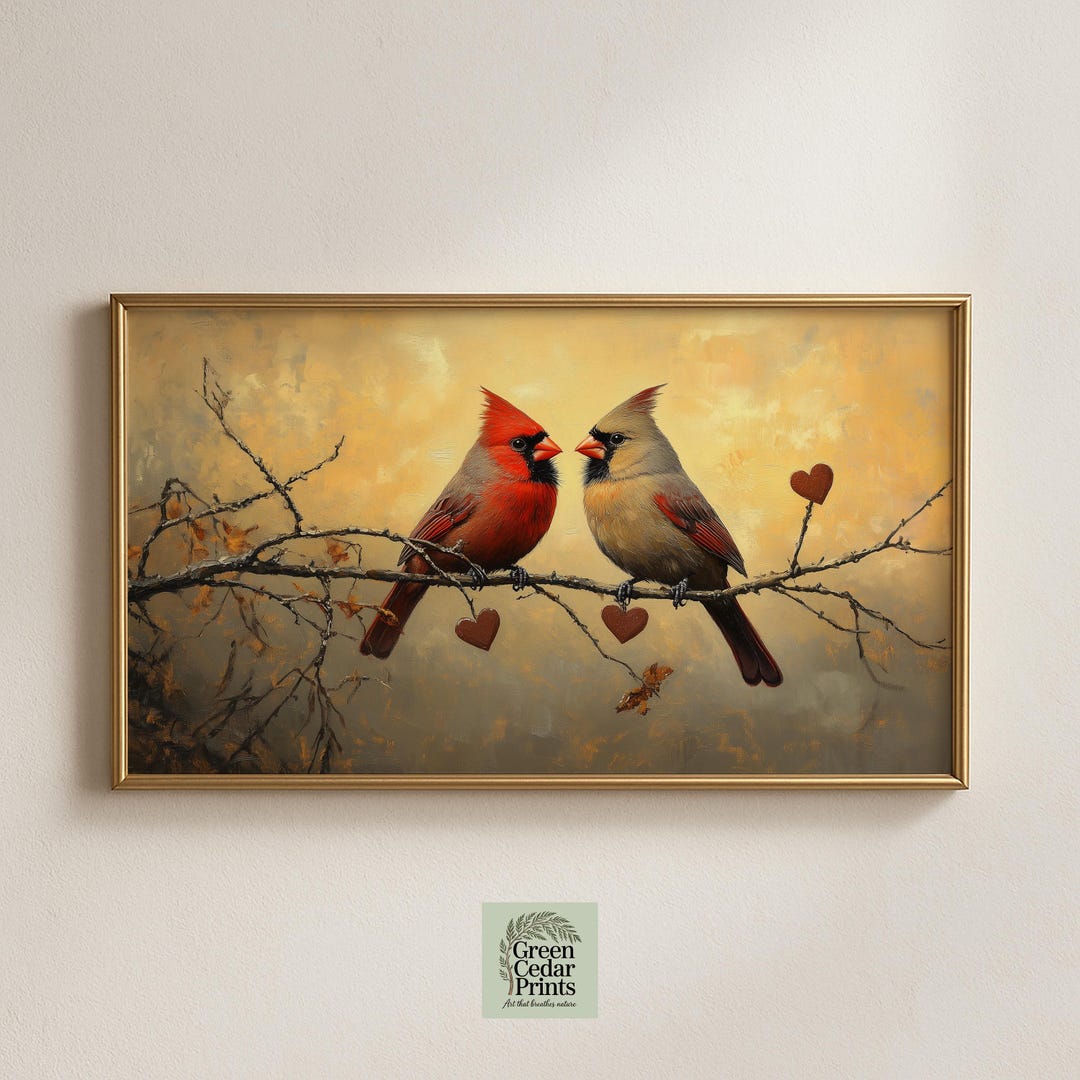 Romantic Cardinals Frame TV Art, Painterly Lovebirds Print for Frame TV ...