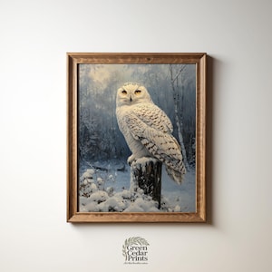 Snowy Owl Print - Winter Woodland Wall Art, Rustic Nature Scene with Frosty Fence Post, Cool Blue Tones, Speckled Owl Decor 424
