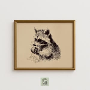 Puede incluir: Una impresión enmarcada con una ilustración a pluma y tinta de un mapache sosteniendo un objeto pequeño. La obra de arte es en blanco y negro, sobre un fondo beige y enmarcada en dorado. La impresión es de Green Cedar Prints.
