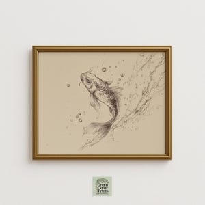 Boceto de pez koi de inspiración japonesa: arte minimalista imprimible con pluma y tinta, elegante dibujo lineal sepia con movimiento dinámico, descarga digital 1222