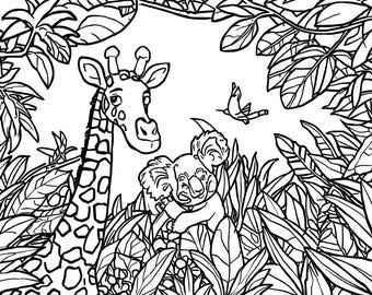 May include: Black and white line art illustration of a jungle scene featuring a giraffe, koala, and bird. The giraffe has a long neck with brown spots. The koala is hugging a tree branch. Lush foliage surrounds the animals.