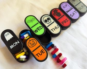 Halloween Pill Box Organizer – 3D Printed Weekly AM/PM Medicine Case with Spooky Cute Lids, Unique Gift Idea.