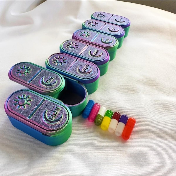 Iridescent Weekly Pill Box, 3D Printed AM/PM Organizer