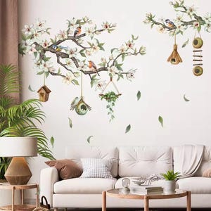 Branches Flowers Birds Wall Decal, Nature Inspired Home Decor (Self Adhesive)