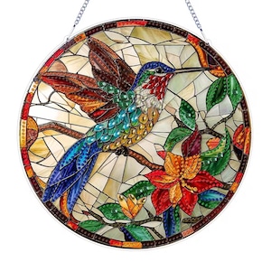 Handmade Hummingbird Suncatchers Set of 5 | Rainbow Stained Glass Window Hanging Decor Gift for Bird Lovers Mom Memorial Sympathy