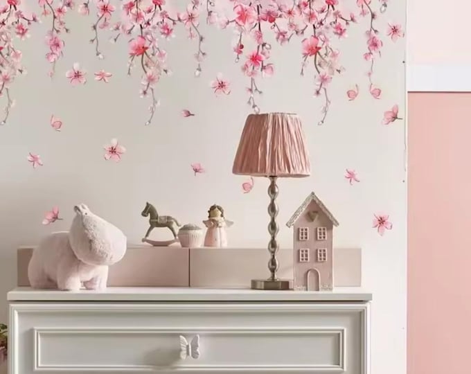 Pink Flower Vine Wall Decal: Removable Floral Waterfall Art