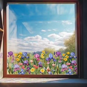 May include: A window sticker depicting a colourful floral border with irises, daffodils, and wildflowers in purple, blue, pink, and yellow. The background shows a blue sky with white clouds, creating a scenic view.