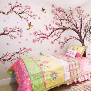 Large Japanese Cherry Blossom Tree Wall Decal with Birds | Pink Floral Wall Sticker