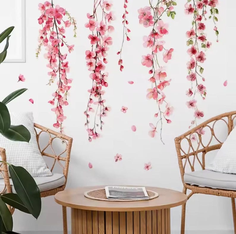 Pink Watercolor Floral Wall Decal | Self Adhesive Vine Art - Etsy