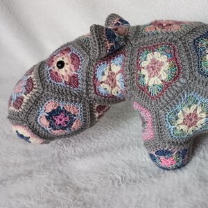 Grayce Happypotamus, a hippo stuffed doll in colorful wool yarn