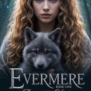 May include: A book cover featuring a person with long wavy hair and blue eyes holding a gray wolf pup. The title reads Evermere Book One Beyond the Hunt by Mary Ann Weir. The background shows a dark forest with small glowing blue stars.