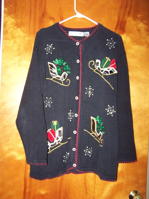 Vintage cardigan sweater 1x sleds sleighs animal … - image 1