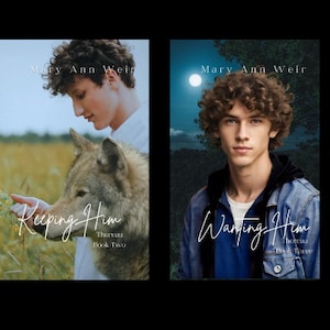 May include: Four book covers with the title "Finding Him", "Keeping Him", "Wanting Him", and "Loving Him". The covers feature a young man with curly hair and a wolf, a cat, and a moon.