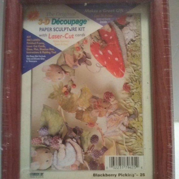 Paper sculpture 3-D decoupage kit to make blackberry picking scene with dressed mice