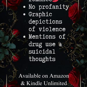 Pu&ograve; includere: Uno sfondo scuro con una cornice dorata ornata e rose rosse. Il testo elenca: Nephilim moderno, romanticismo pulito, nessuna volgarit&agrave;, violenza grafica e menzioni di uso di droghe e pensieri suicidi. Disponibile su Amazon e Kindle Unlimited.