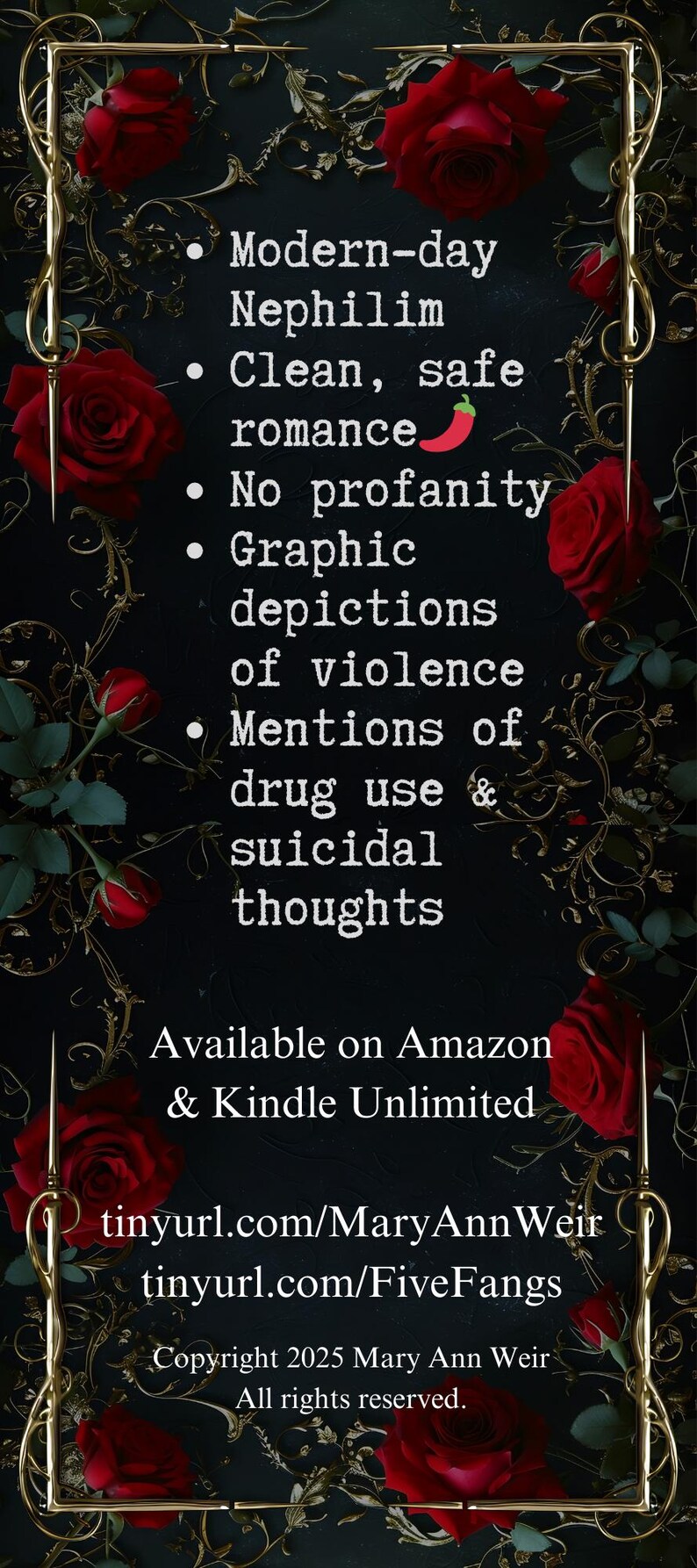 Pu&ograve; includere: Uno sfondo scuro con una cornice dorata ornata e rose rosse. Il testo elenca: Nephilim moderno, romanticismo pulito, nessuna volgarit&agrave;, violenza grafica e menzioni di uso di droghe e pensieri suicidi. Disponibile su Amazon e Kindle Unlimited.