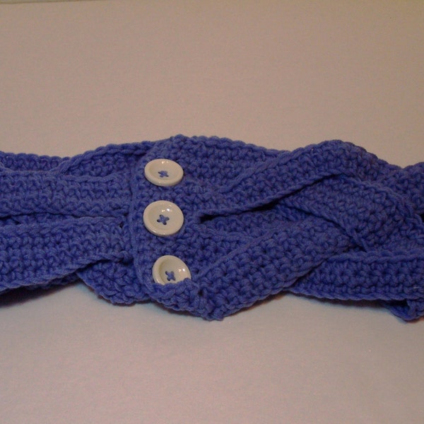 Braided fine merino wool cowl in periwinkle blue with cream buttons