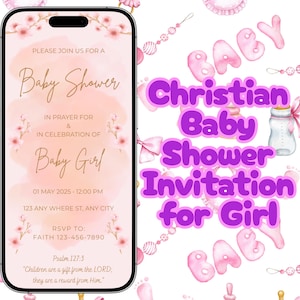 Christian Baby Shower Invitation for Girl Available for Mobile or Print Editable Customizable Template Invitations Babies Girls Faith Based