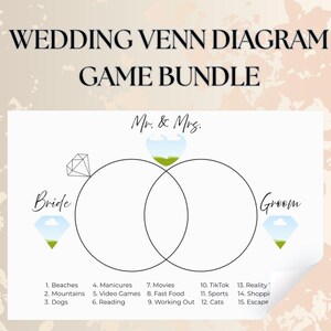 以下が含まれることがあります： ウェディングゲームバンドルの白い画像。ヴェン図のデザインで、「Bride」と「Groom」とラベル付けされた2つの重なり合う円とアクティビティのリストが含まれています。「WEDDING VENN DIAGRAM GAME BUNDLE」というテキストが上部にあります。