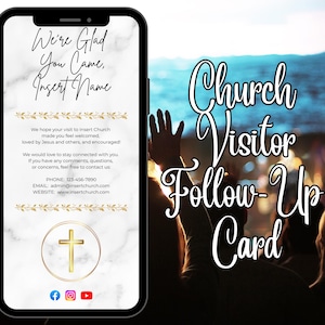 Plantilla personalizable para tarjeta de seguimiento de visitas a la iglesia, tarjeta de agradecimiento para invitados, opción de fondo de mármol