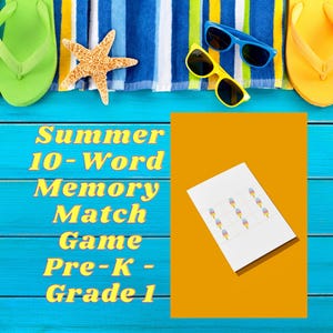 Juego de mesa de memoria de 10 palabras de verano imprimible para niños pequeños (preescolar/preescolar - 1.er grado). Juego de cartas. Actividad educativa para jardín de infantes.
