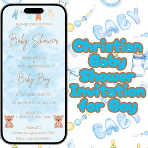 Christian Baby Shower Invitation for Boy Available for Mobile or Print Editable Customizable Template Invitations Babies Boys Faith Based