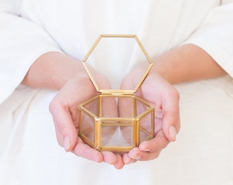 Ring Box, Ring Bearer Box, Wedding Ring Box, Hexagon Glass Box, Gold Glass Ring Box