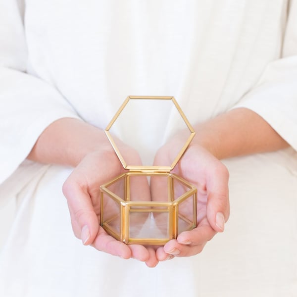 Ring Box, Ring Bearer Box, Wedding Ring Box, Hexagon Glass Box, Gold Glass Ring Box