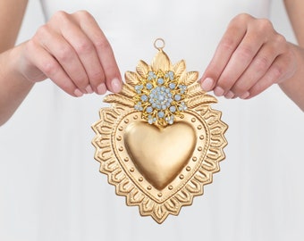 Hanging Sacred Heart, Milagro Heart, Gold Heart Flat, Catholic Heart, Altar Heart, Gilded Gold with blue opal rhinestones, Laurel Heart