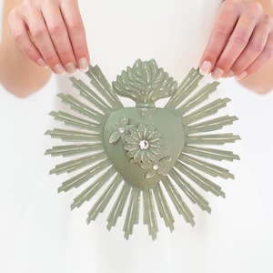 Sacred Heart, Milagro Heart, Large Sage Heart Sunburst Flame, Floral Design with White Rhinestones Catholic Heart, Wall Hanging